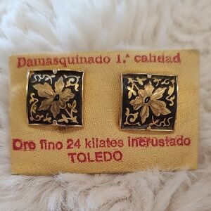 Toledo 24K Gold-Infused Floral Square Earrings - Black and Gold